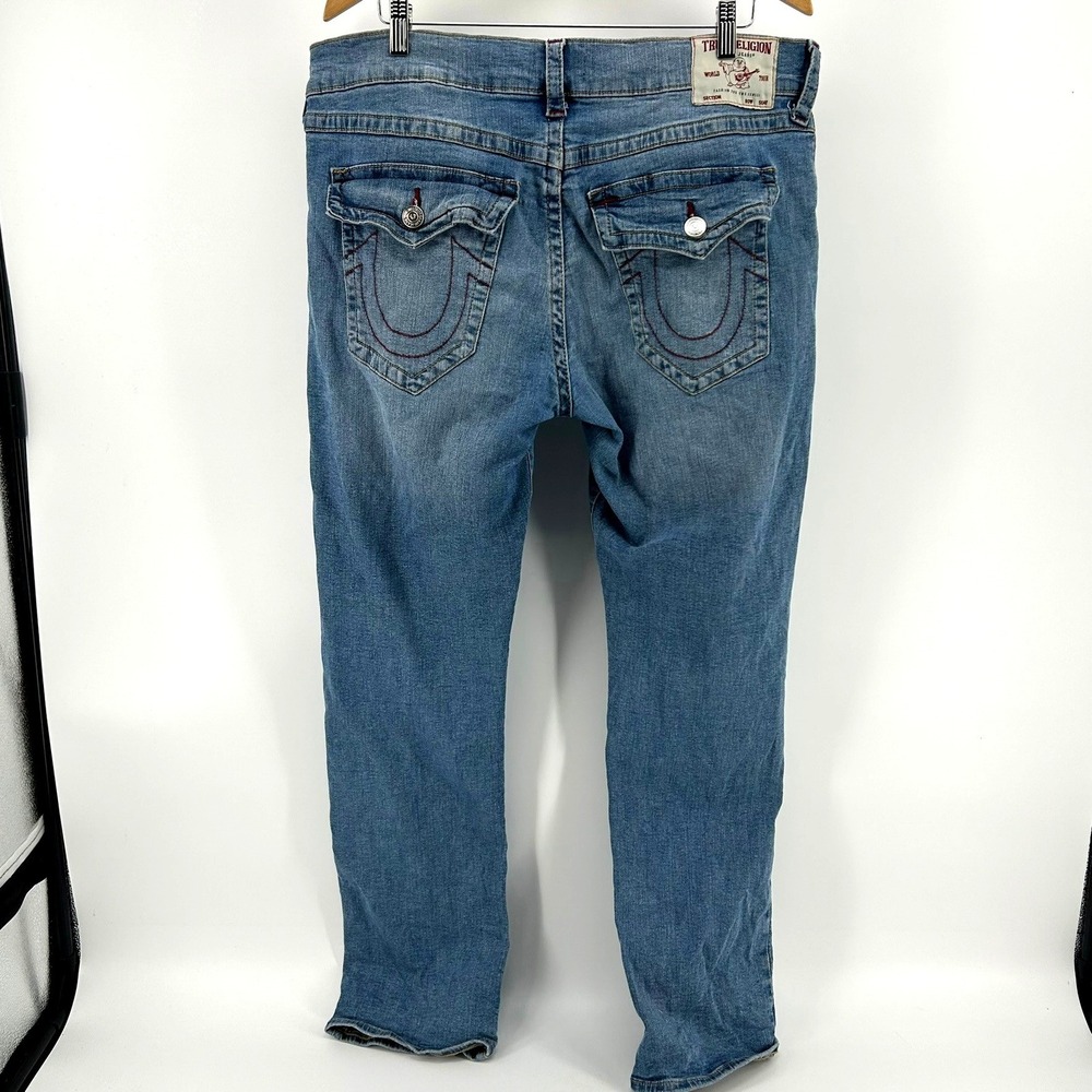 True Religion Ricky Relaxed Straight Blue Denim Jeans Mens 38x32 Horseshoe Flap - Picture 5 of 6